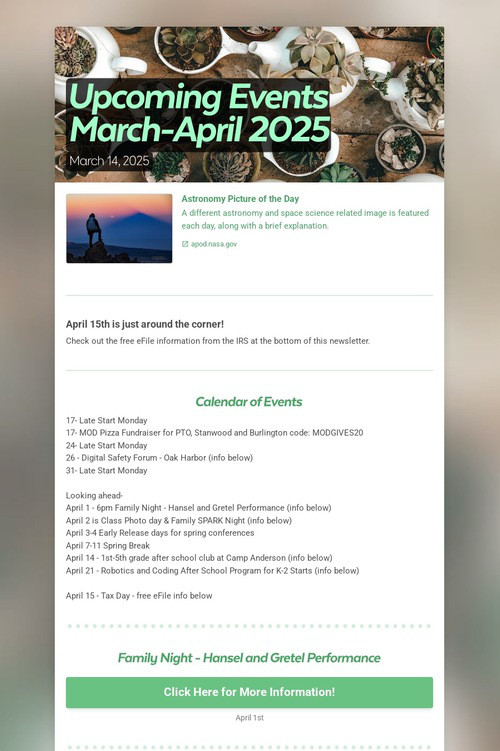 Upcoming Events March-April 2025