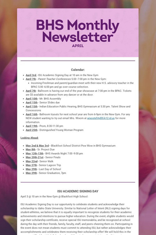BHS Monthly Newsletter