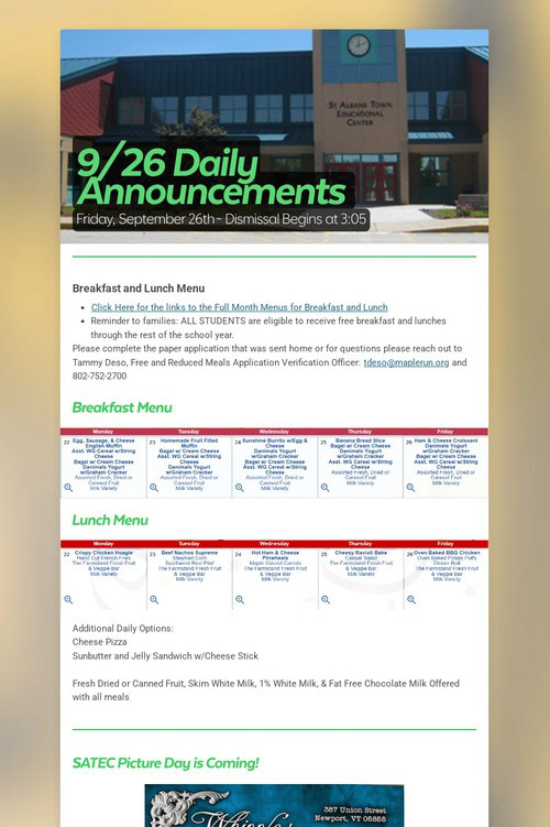 9/26 Daily Announcements