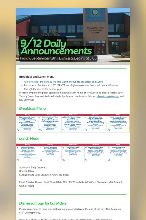9/12 Daily Announcements
