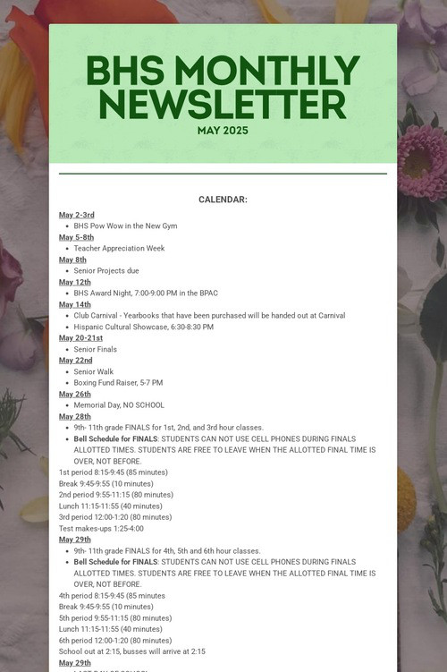 BHS MONTHLY NEWSLETTER