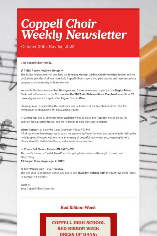 Coppell Choir Weekly Newsletter