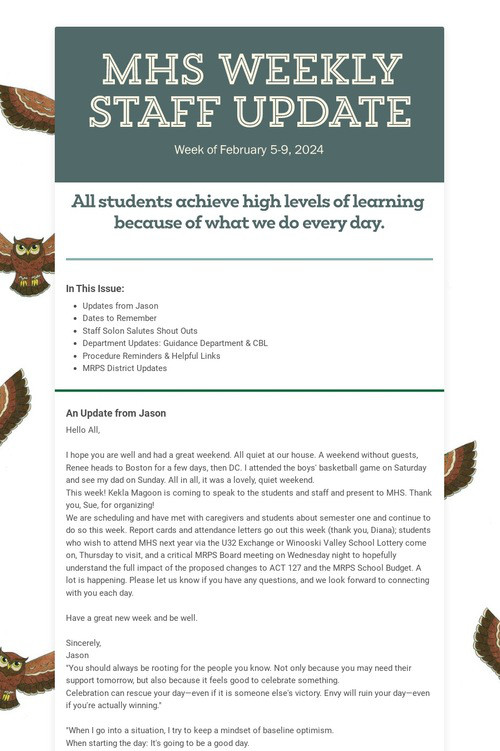MHS WEEKLY STAFF UPDATE