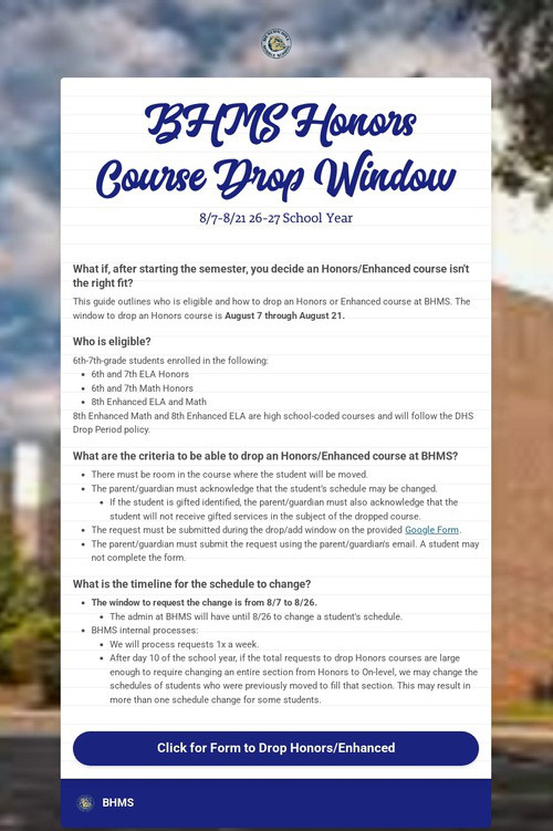 BHMS Honors Course Drop Window