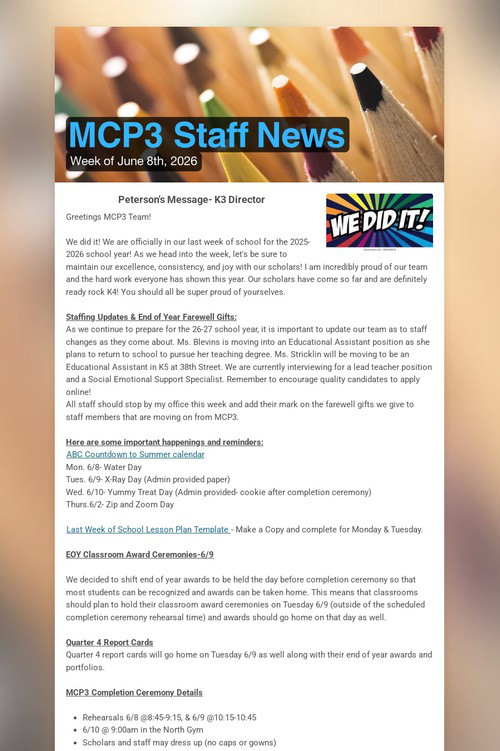 MCP3 Staff News