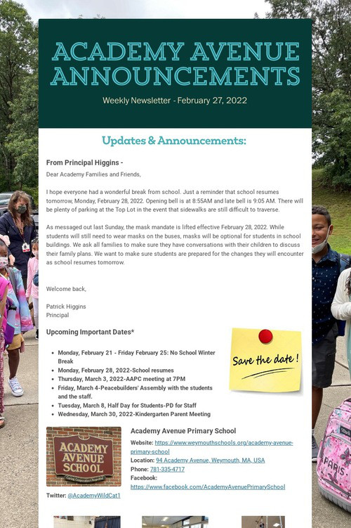 Academy Avenue Announcements