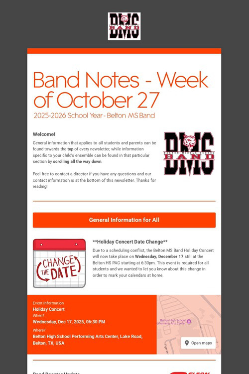 Band Notes - Week of October 27