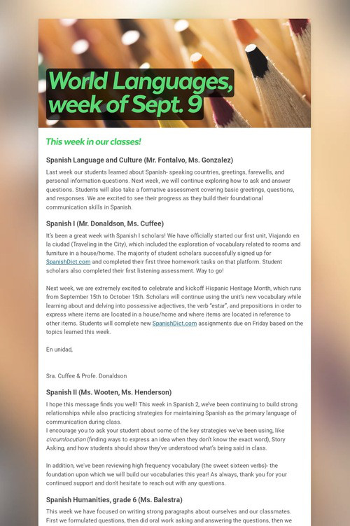 World Languages, week of Sept. 9