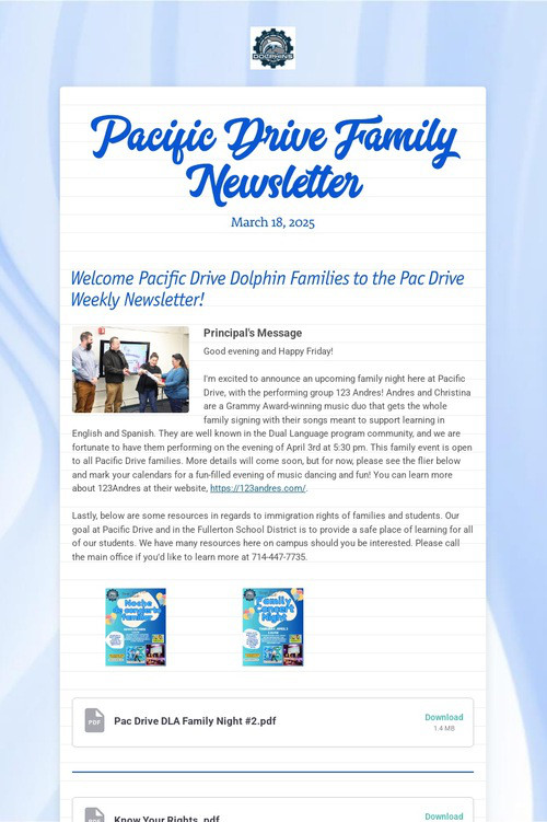 Pacific Drive Family Newsletter