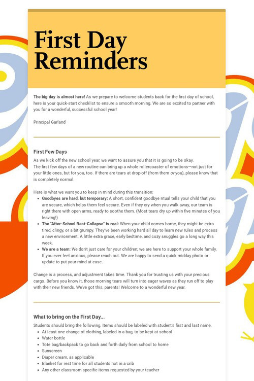 First Day Reminders