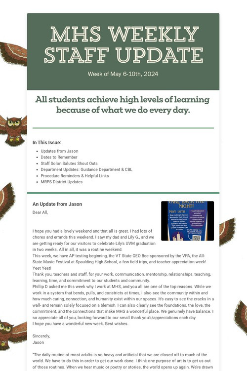MHS WEEKLY STAFF UPDATE