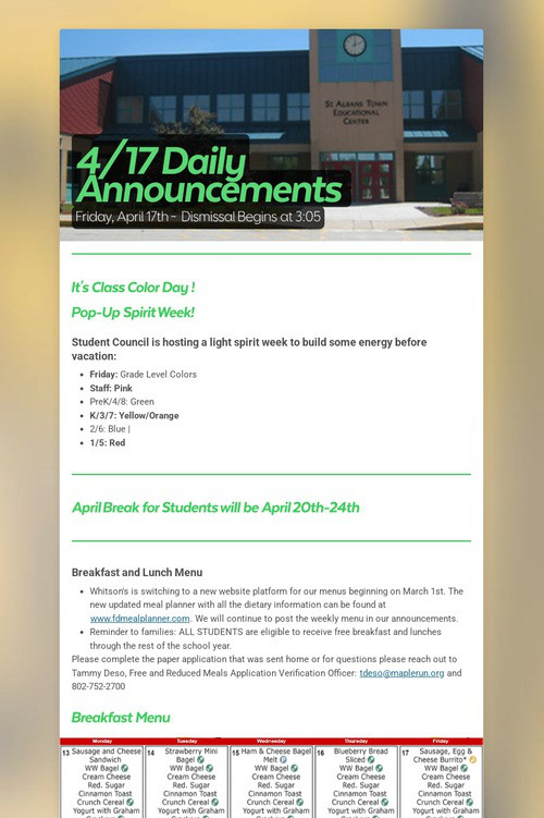 4/17 Daily Announcements