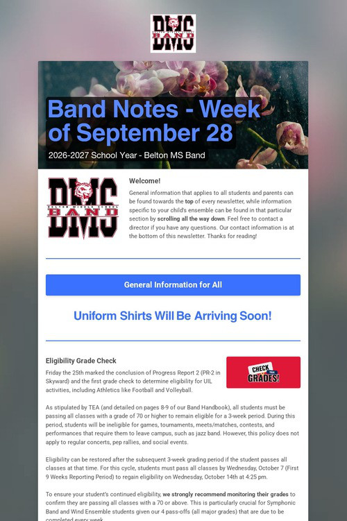 Band Notes - Week of September 28