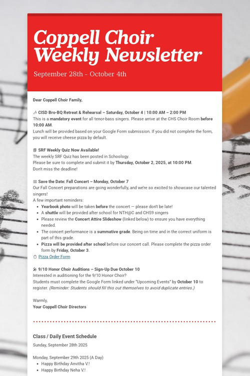Coppell Choir Weekly Newsletter