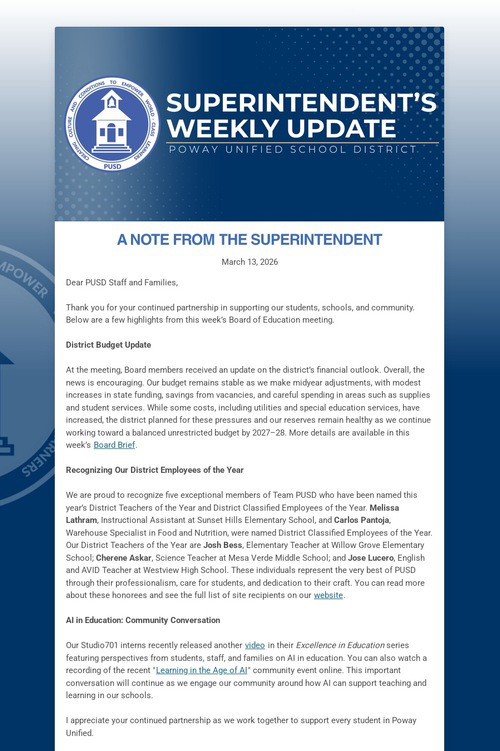 Superintendent's Weekly Update