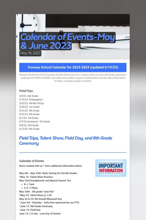 Calendar of Events-May & June 2023