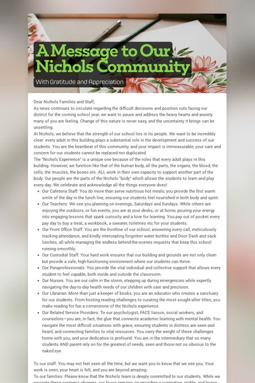 A Message to Our Nichols Community