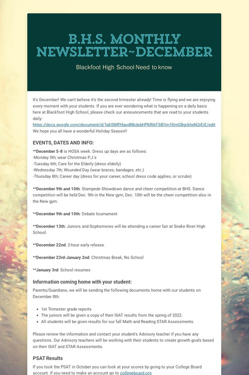 B.H.S. Monthly Newsletter~December