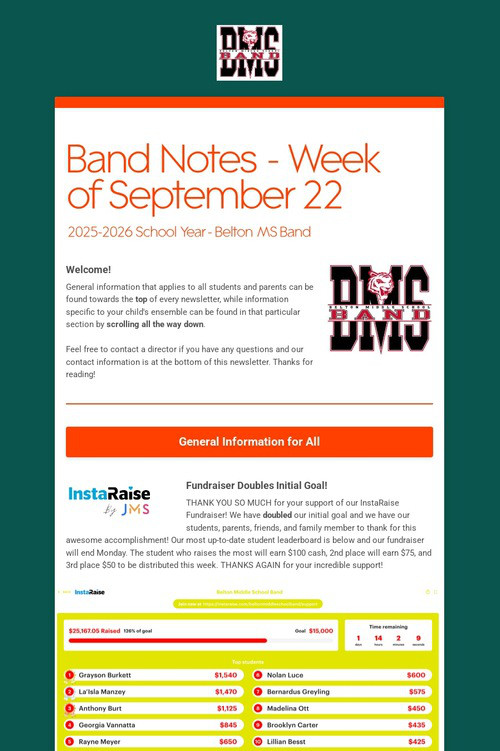 Band Notes - Week of September 22