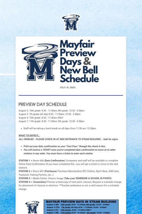 Mayfair Preview DaysBell Schedule