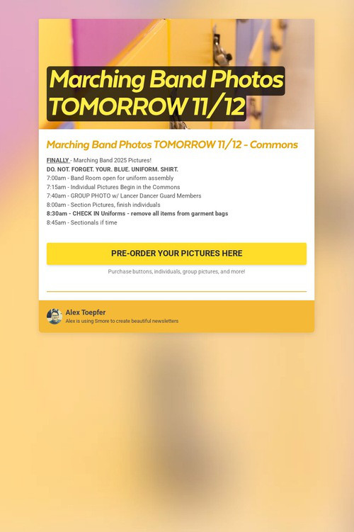 Marching Band Photos TOMORROW 11/12