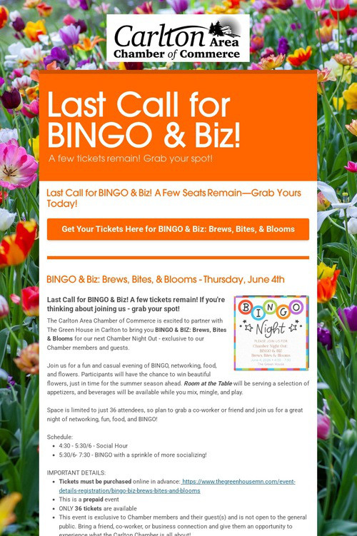 Last Call for BINGO & Biz!