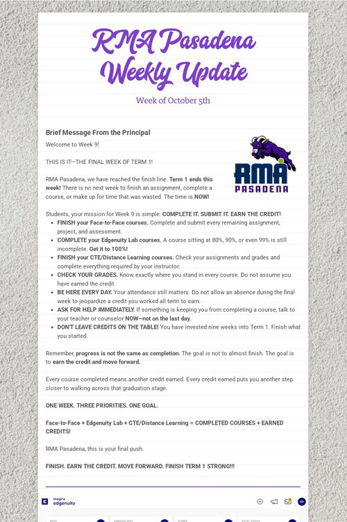 RMA Pasadena Weekly Update
