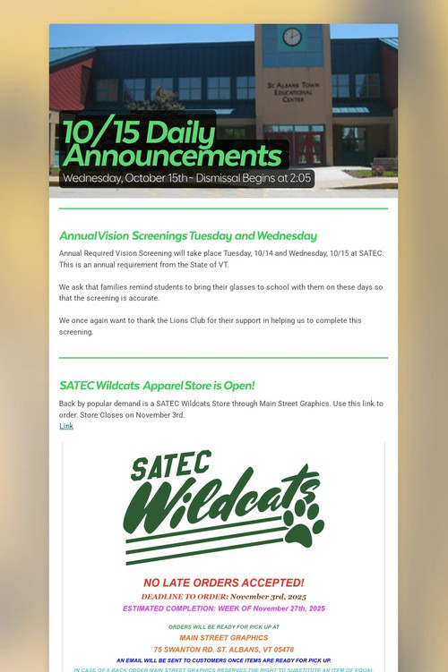 10/15 Daily Announcements