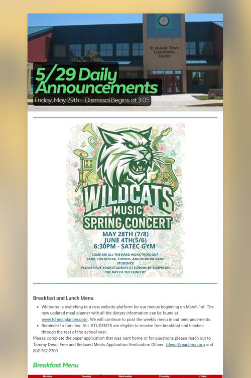5/29 Daily Announcements
