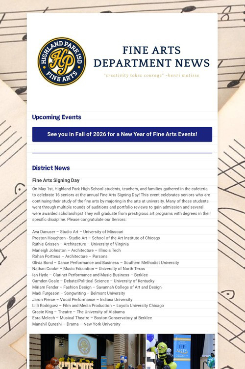 5/31/26 Fine Arts Department News