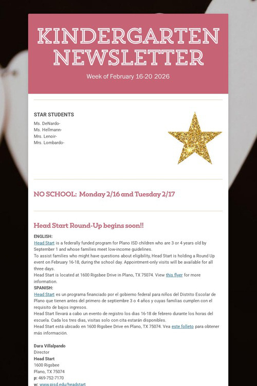 Kindergarten Newsletter