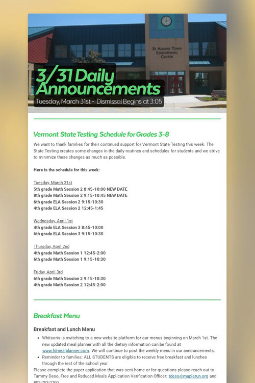 3/31 Daily Announcements
