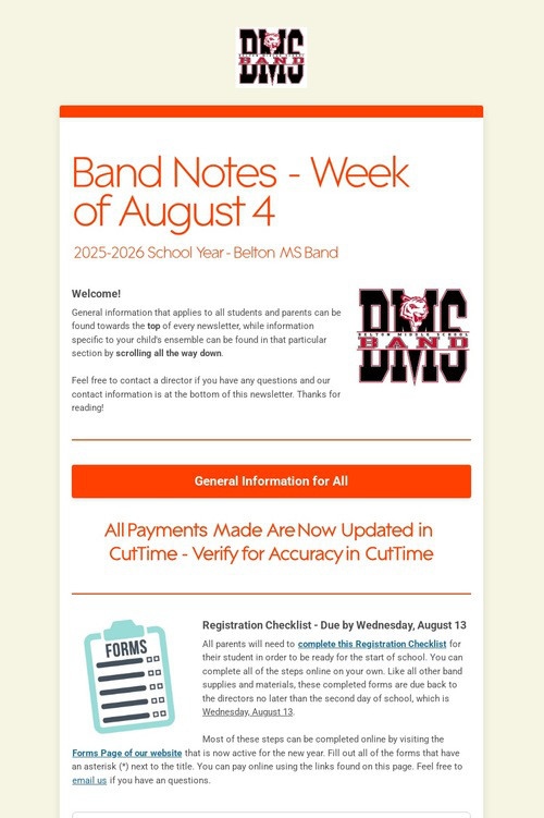 Band Notes - Week of August 4