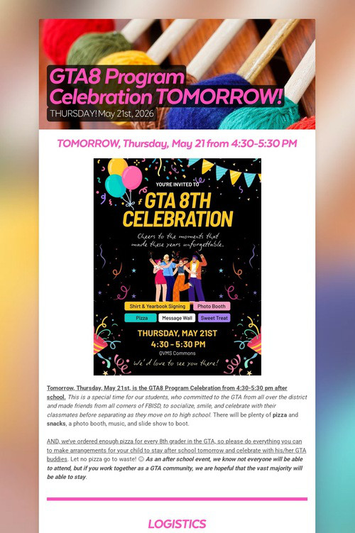 GTA8 Program Celebration TOMORROW!