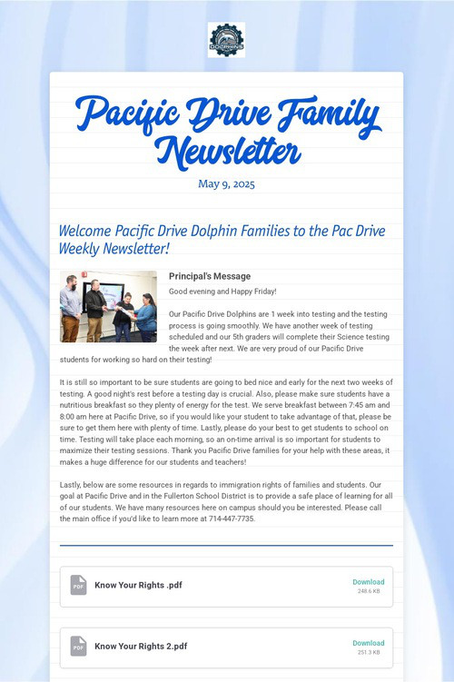 Pacific Drive Family Newsletter