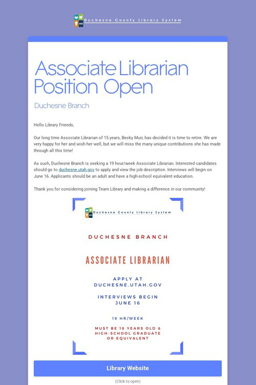 Associate Librarian Position Open