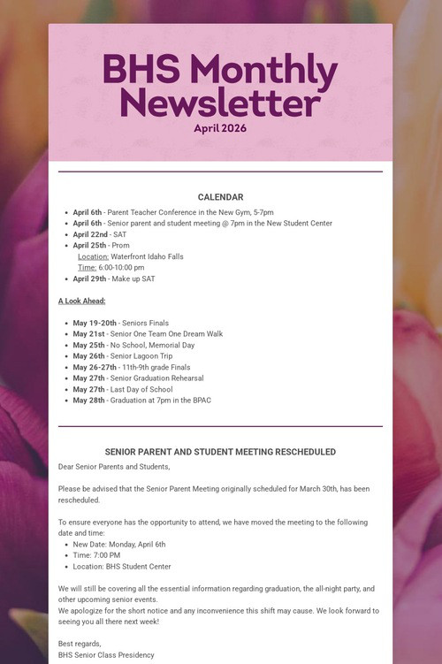 BHS Monthly Newsletter