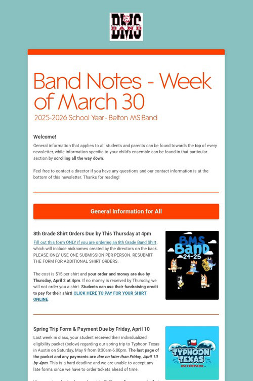 Band Notes - Week of March 30