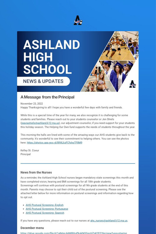 Ashland High School Weekly Update