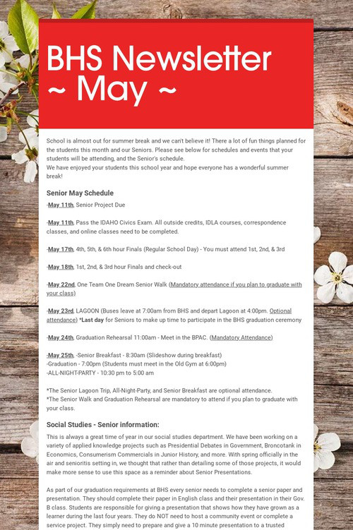 BHS Newsletter ~ May ~