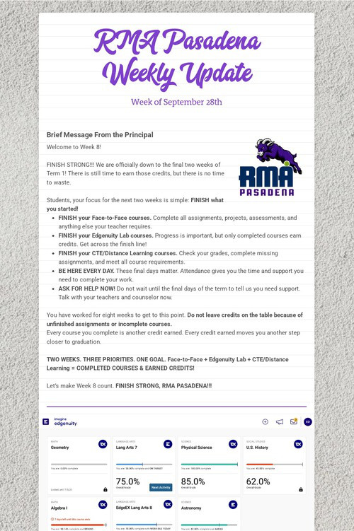 RMA Pasadena Weekly Update