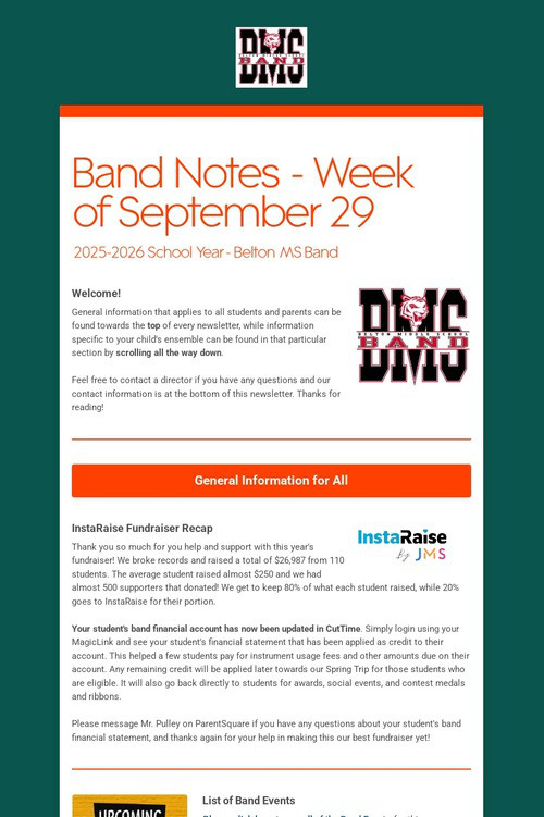 Band Notes - Week of September 29