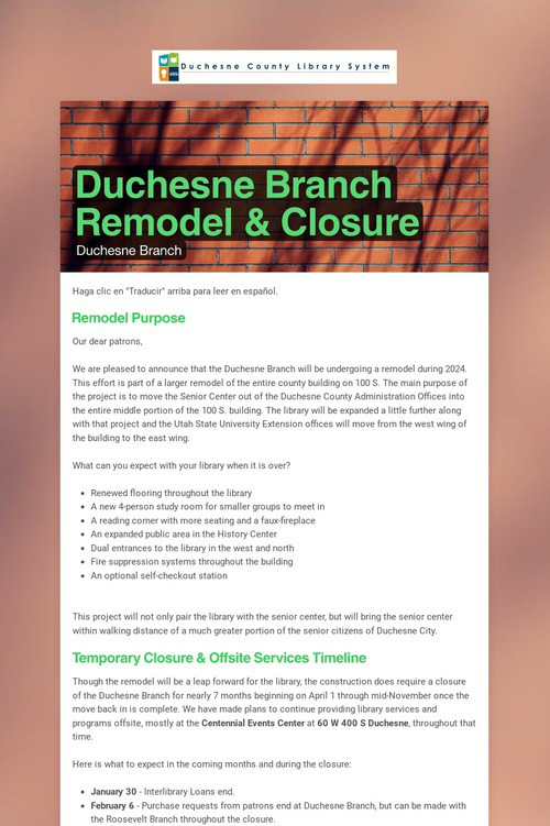 Duchesne Branch Remodel & Closure