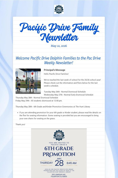 Pacific Drive Family Newsletter