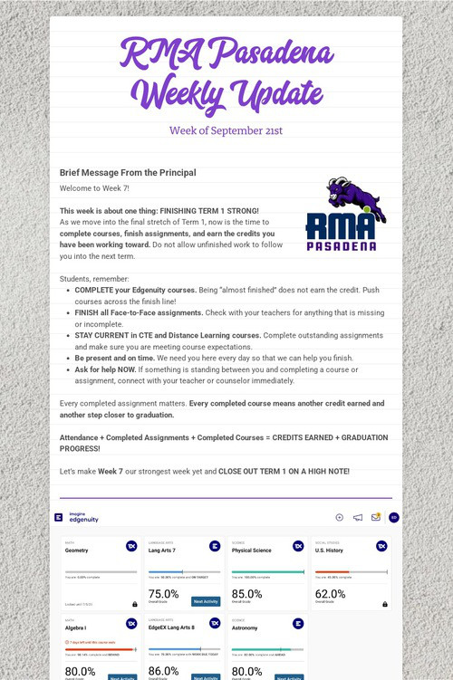 RMA Pasadena Weekly Update