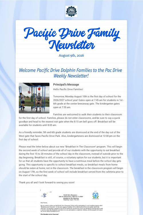 Pacific Drive Family Newsletter