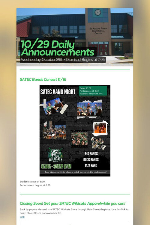10/29 Daily Announcements