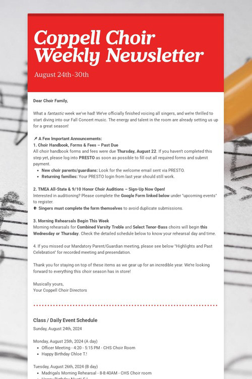 Coppell Choir Weekly Newsletter