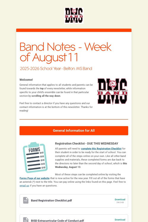 Band Notes - Week of August 11