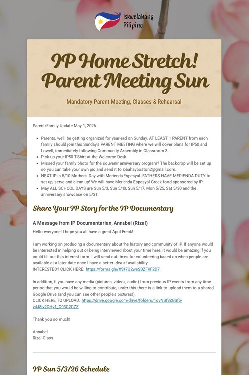 IP Home Stretch! Parent Meeting Sun